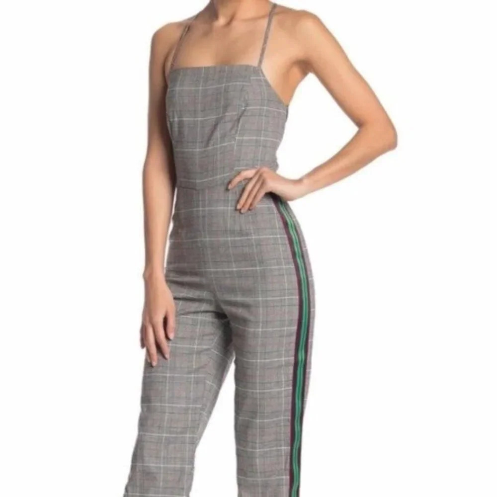 NEW Romeo + Juliet Couture Sleeveless Grey Plaid Strappy Backless Jumpsuit Sz S